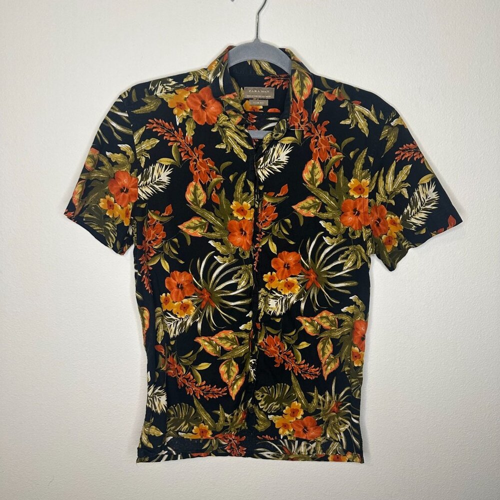 Zara Man Hawaiian Floral Print Button Up S Slim Fit Casual Summer Short Sleeve C